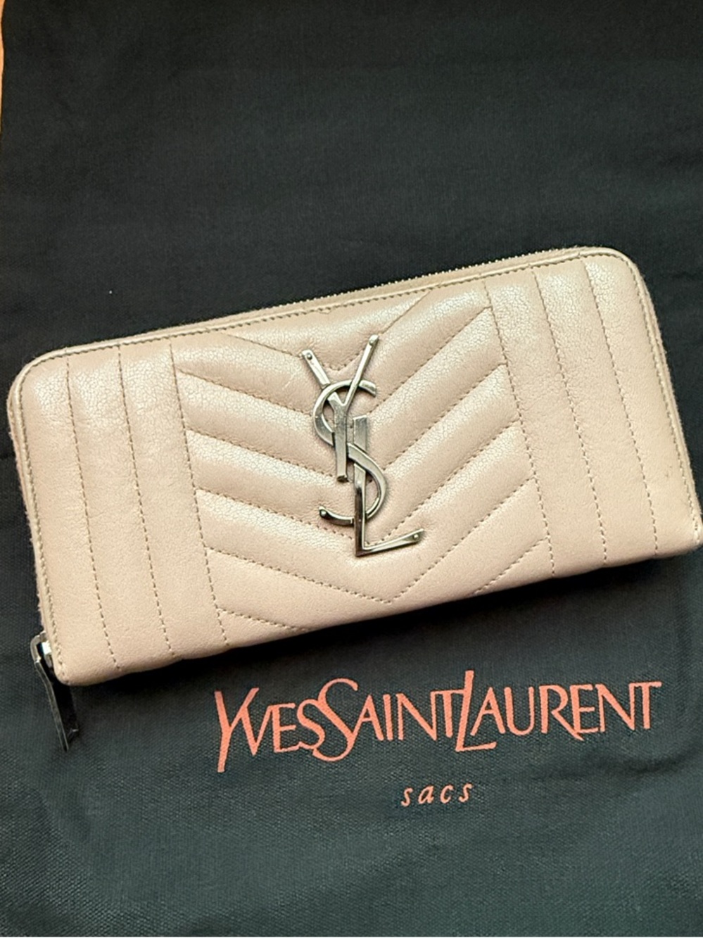 Yves Saint Laurent Quilted Zip Wallet in Light Taupe